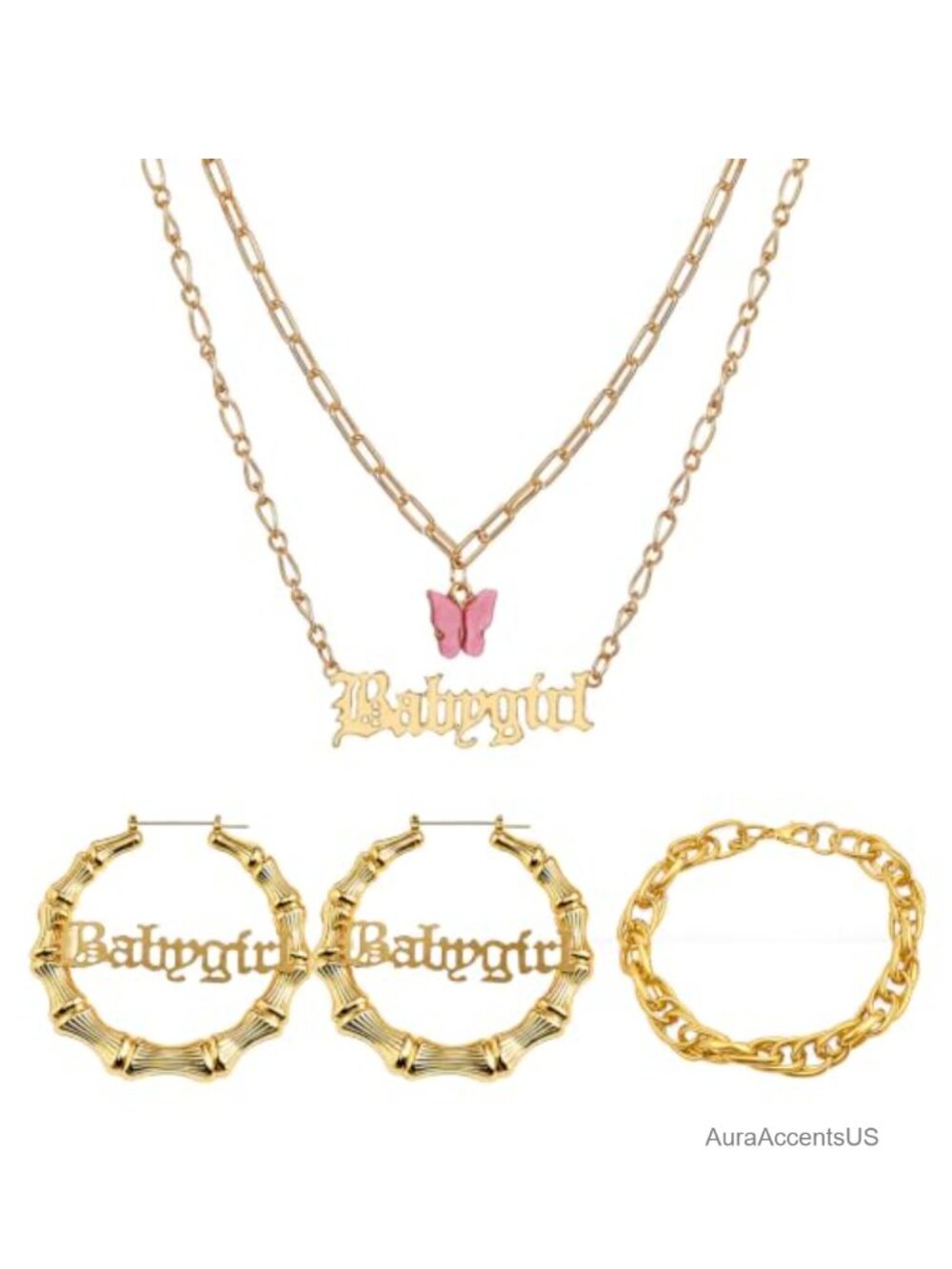 3PC Y2K Jewelry Set Butterfly Necklace Bamboo Hoop Earrings Chain Bracelet
